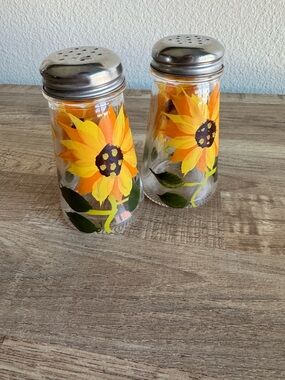 Hand-Painted Sunflower Salt and Pepper Shakers - Yellow Floral Glass